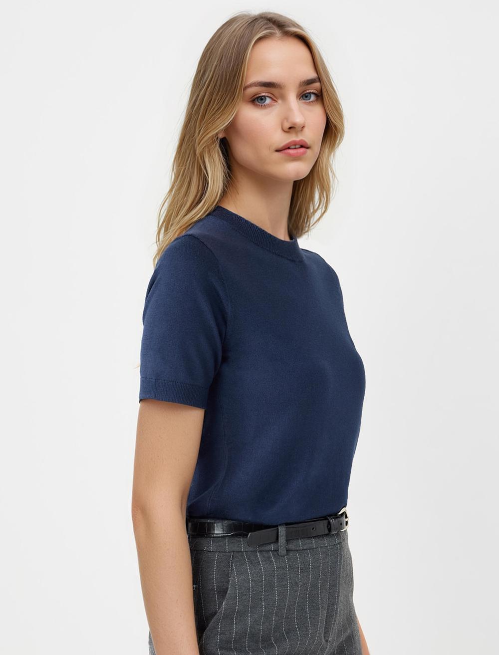 Crew Neck Short-Sleeve Pullover - Dark Blue - 5WW134090494