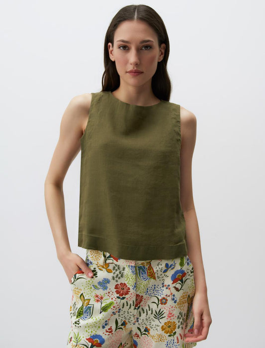 Round Neck Sleeveless Linen Blouse