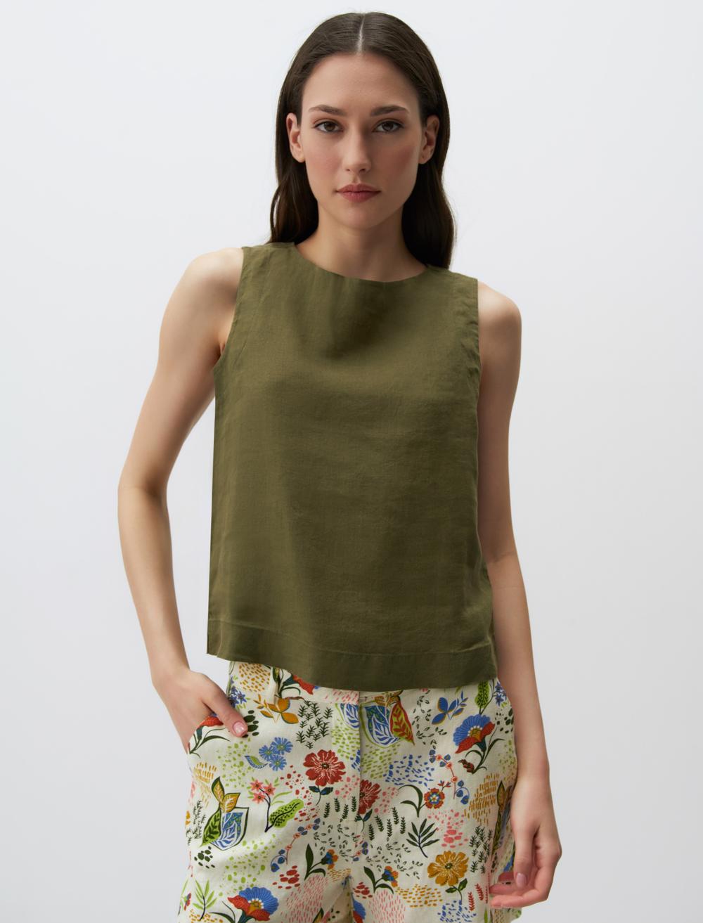 Round Neck Sleeveless Linen Blouse
