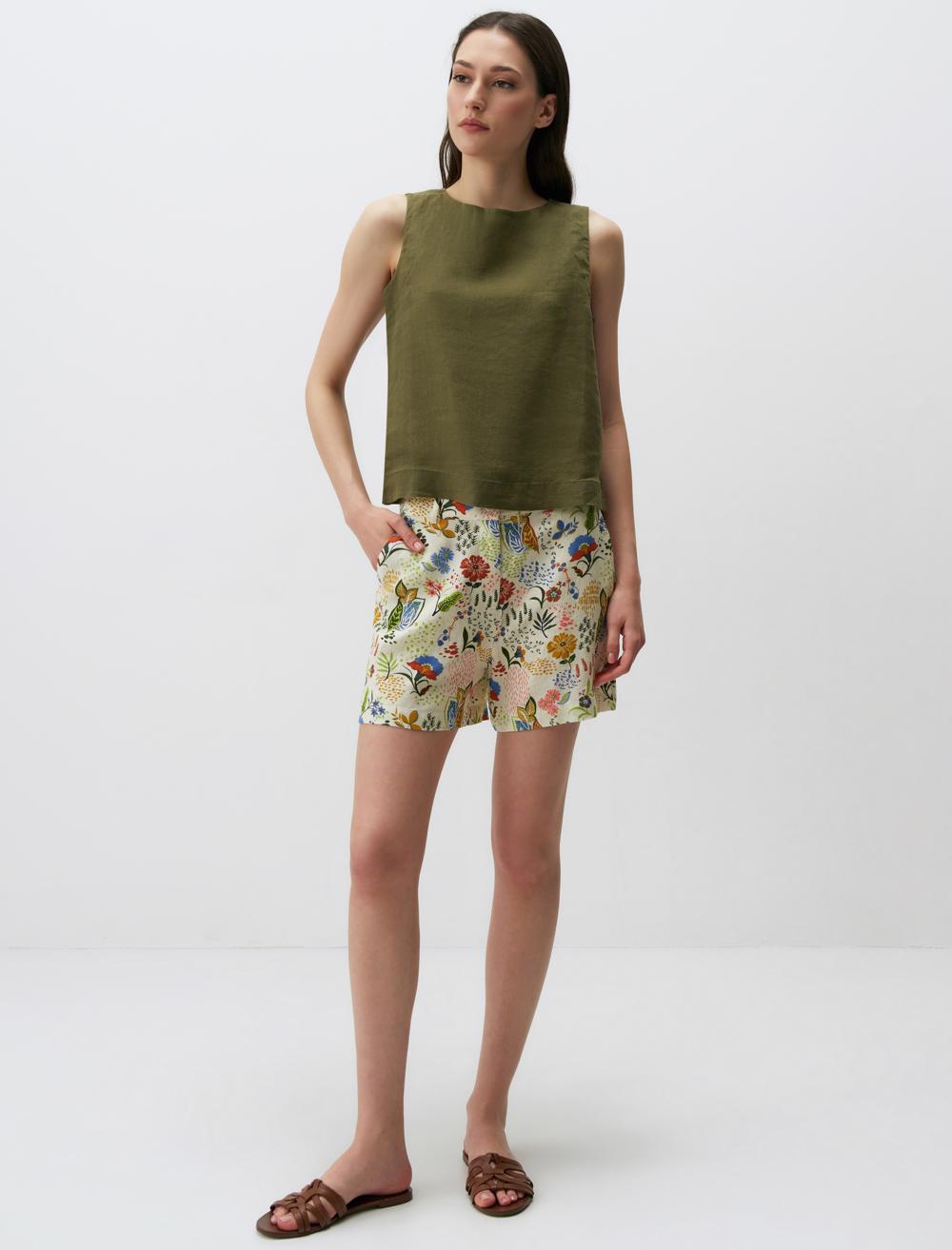 Round Neck Sleeveless Linen Blouse