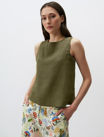 Round Neck Sleeveless Linen Blouse