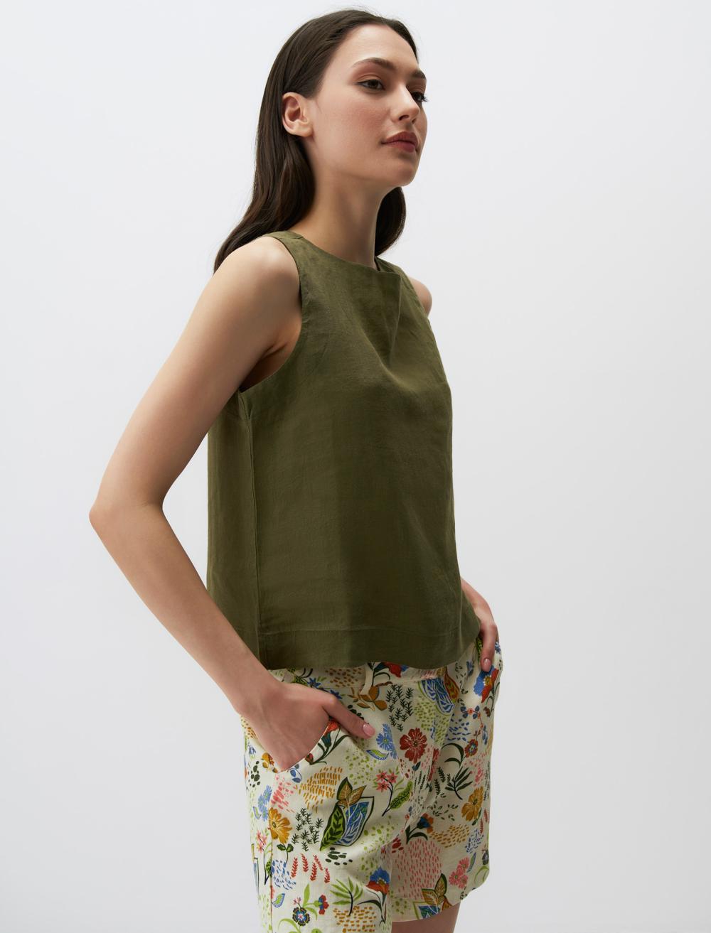 Round Neck Sleeveless Linen Blouse