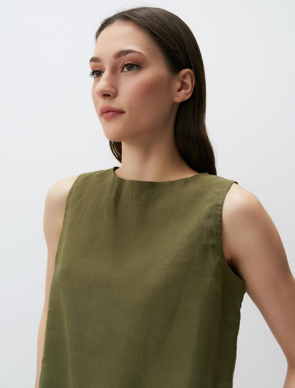Round Neck Sleeveless Linen Blouse
