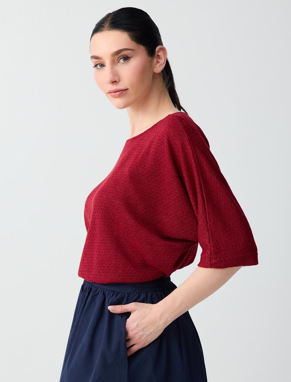 Loose Fit Crew Neck 3/4 Sleeve Blouse - Burgundy - 6SW036660562