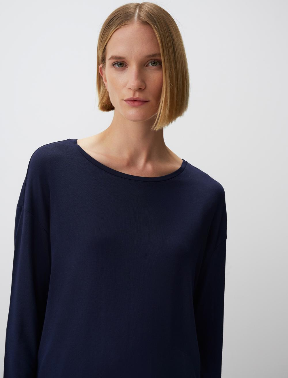 Round Neck Long Sleeve T-Shirt - Dark Blue - 24ST024003494