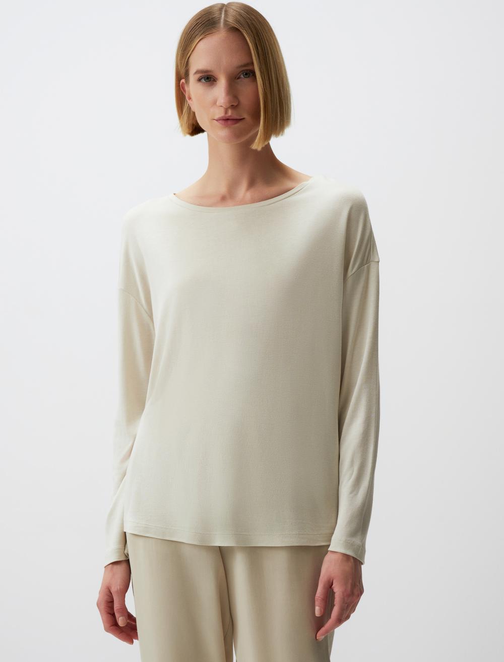 Loose Fit Crew Neck Long-Sleeve T-shirt - Beige